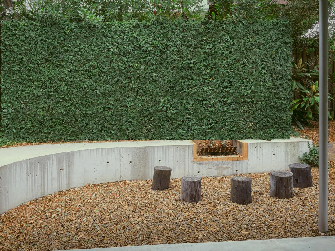 A curved concrete seat and fire pit with timber stump stools, under a tall wall of creeper